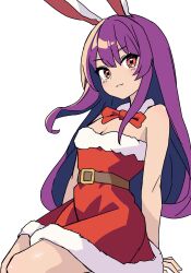 Rule 34 | 1girl, :3, animal ears, bare arms, belt, bow, breasts, brown belt, cleavage, commentary request, detached collar, dress, fur-trimmed dress, fur trim, highres, kv-san, long hair, purple hair, rabbit ears, rabbit girl, red bow, red dress, reisen udongein inaba, santa dress, small breasts, strapless, strapless dress, touhou, very long hair