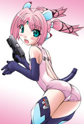 Rule 34 | 1girl, ass, female focus, gradient background, gun, nakajima rei, pico to pike, pink hair, robot ears, solo, swimsuit, tail, twintails, weapon