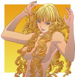 Rule 34 | 1girl, absurdres, anastasia (claymore), arms up, bad deviantart id, bad id, blonde hair, breasts, claymore (series), colorized, convenient censoring, drill hair, hand in own hair, highres, large breasts, long hair, nude, simple background, smirk, solo, yellow eyes