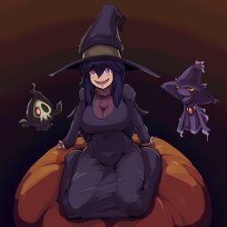 Rule 34 | 1girl, @ @, absurdres, alternate breast size, bootscoot, breasts, commentary, creatures (company), dress, duskull, game freak, gen 3 pokemon, gen 4 pokemon, hair between eyes, halloween, hat, hex maniac (pokemon), highres, large breasts, long dress, long hair, looking at viewer, mismagius, nintendo, open mouth, pokemon, pokemon (creature), pokemon xy, pumpkin, purple eyes, purple hair, sitting, smile, turtleneck, turtleneck dress, very long hair, wariza, witch hat