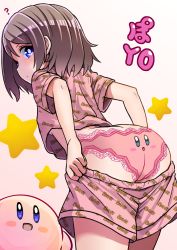 Rule 34 | ..., 10s, 1girl, :d, :o, ?, arched back, ass, back, blue eyes, blush stickers, breasts, brown hair, character print, clothes pull, commentary request, from behind, highres, kirby, kirby (series), looking at viewer, looking back, love live!, love live! sunshine!!, nintendo, open mouth, panties, pants, pants pull, pink panties, shipii (jigglypuff), shirt, short hair, short sleeves, shorts, smile, solo, star (symbol), t-shirt, text focus, thighs, underboob, underwear, watanabe you