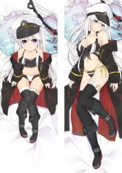 Rule 34 | 1girl, aged down, azur lane, bed sheet, bikini, black bikini, black bow, black coat, black footwear, black thighhighs, blue eyes, bow, breasts, buckle, cleavage, coat, dakimakura (medium), enterprise (azur lane), from above, front-tie bikini top, front-tie top, frown, full body, hair between eyes, hat, long hair, long sleeves, looking at viewer, lying, medium breasts, military hat, moeanime, multi-strapped bikini, navel, on back, open clothes, open coat, parted lips, pillow, ribbon, shiny skin, side-tie bikini bottom, sitting, solo, swimsuit, thighhighs, very long hair, white bikini, white hair, white hat, yellow ribbon