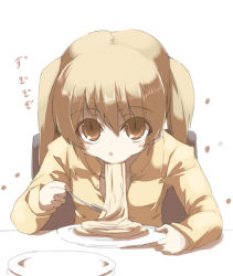 Rule 34 | 00s, 1girl, :&gt;=, blonde hair, blush, brown eyes, brown hair, chair, eating, female focus, food, fork, holding, holding plate, jacket, japanese text, looking at viewer, noodles, plate, simple background, solo, solo focus, suzumiya haruhi no yuuutsu, table, tachibana kyouko (suzumiya haruhi), tokyo (great akuta), translation request, twintails, white background, yellow eyes, yellow jacket