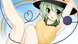 Rule 34 | 1girl, :d, armpits, arms up, bakko, bare shoulders, blush, bow, breasts, close-up, closed eyes, cloud, collarbone, covered erect nipples, female focus, green eyes, green hair, hair between eyes, hat, hat bow, heart, highres, kneepits, komeiji koishi, leg up, legs, long image, looking at viewer, matching hair/eyes, open mouth, rainbow, shiny skin, shirt, short hair, simple background, sky, sleeveless, sleeveless shirt, small breasts, smile, solo, third eye, touhou, wide image, yellow shirt