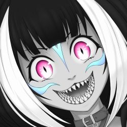 Rule 34 | bonedaddy, collar, facial tattoo, fangs, highres, indie virtual youtuber, looking at viewer, monochrome, multicolored hair, open mouth, pink eyes, saliva, sharp teeth, shylily, slit pupils, smile, taiggerrock, tattoo, teeth, two-tone hair