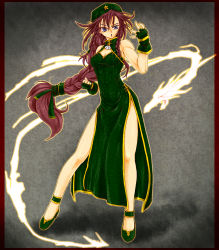 Rule 34 | 1girl, abs, bare shoulders, blue eyes, braid, braided ponytail, china dress, chinese clothes, cleavage cutout, clothing cutout, dragon, dress, embodiment of scarlet devil, ex-meiling, female focus, fighting stance, fingerless gloves, gloves, highres, hong meiling, ledjoker07, long hair, ponytail, red hair, side braid, side slit, solo, touhou, twin braids, very long hair