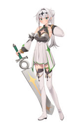 Rule 34 | 1girl, absurdres, bare shoulders, black thighhighs, blush, boots, breasts, bridal gauntlets, cleavage, cleavage cutout, closed mouth, clothing cutout, coeiroink, croix-chan, detached sleeves, dress, full body, green eyes, grey hair, hair intakes, hand up, highres, holding, holding sword, holding weapon, long hair, long sleeves, medium breasts, partner (kprtnr), pleated dress, ponytail, puffy long sleeves, puffy sleeves, simple background, sleeveless, sleeveless dress, smile, solo, sword, thigh boots, thighhighs, very long hair, weapon, white background, white dress, white footwear, white sleeves