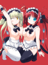 Rule 34 | 00s, 2girls, airi (queen&#039;s blade), airi (queen's blade), airi (the infernal temptress), alternate color, apron, blonde hair, blue eyes, blush, bow, bowtie, breasts, detached collar, dual persona, hairband, large breasts, lolita hairband, long hair, maid, maid apron, maid headdress, multiple girls, naitou kouse, naked apron, nipples, queen&#039;s blade, red hair, thighhighs, topless, twintails, wrist cuffs, yellow eyes