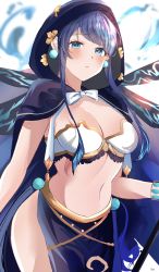 Rule 34 | 1girl, arabian clothes, blue cloak, blue eyes, blue hair, breasts, cleavage, cloak, closed mouth, earrings, highres, jewelry, long hair, looking at viewer, navel, ningyo hime (sinoalice), simple background, sinoalice, solo, strapless, suimo (suimodayo), tube top, white background