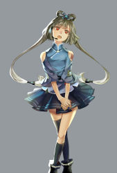 Rule 34 | 1girl, bare shoulders, belt, black thighhighs, china (vocaloid), grey background, hair ornament, hair rings, head tilt, headset, long hair, luo tianyi, open mouth, red eyes, rifsom, shirt, short hair with long locks, silver hair, simple background, single sock, single thighhigh, skirt, socks, solo, thighhighs, twintails, v arms, vocaloid