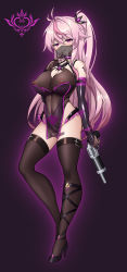 Rule 34 | 1girl, absurdres, alternate costume, aura, azur lane, barcode, barcode tattoo, black background, black footwear, black gloves, black panties, black thighhighs, breasts, budesonide, corruption, covered erect nipples, dark persona, elbow gloves, finger to mouth, full body, gloves, grenville (azur lane), gun, handgun, high heels, highres, holding, holding gun, holding weapon, large breasts, long hair, looking at viewer, mouth veil, multicolored hair, panties, pink hair, pubic tattoo, purple eyes, revolver, see-through, shoes, simple background, solo, standing, streaked hair, tattoo, thigh strap, thighhighs, underwear, veil, weapon