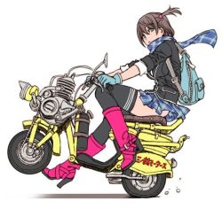 Rule 34 | 1girl, backpack, bag, beautiful noise, black thighhighs, blue eyes, boots, brown hair, character request, copyright request, flat color, gloves, high heel boots, high heels, motor vehicle, one side up, plaid, plaid scarf, plaid skirt, scarf, scooter, skirt, sleeves rolled up, solo, thighhighs, vehicle, yamashita shun&#039;ya