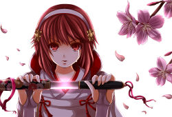 Rule 34 | 1boy, 1girl, cherry blossoms, crying, fire emblem, fire emblem fates, gloves, nintendo, open mouth, petals, red eyes, red hair, sakura (fire emblem), short sword, simple background, solo, sword, tantou, weapon, white background, yozu (yozu0420)