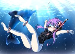 Rule 34 | 1girl, air bubble, anklet, barefoot, blush, bracelet, breath, bubble, diving, diving mask, dolphin, feet, freediving, goggles, holding breath, jewelry, mochizuki usagi, one-piece swimsuit, purple hair, snorkel, swimsuit, twintails, underwater, vocaloid, voiceroid, yuzuki yukari