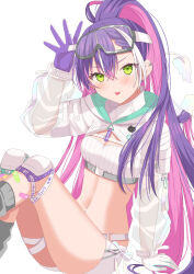 Rule 34 | 1girl, belt, blush, breasts, cleavage, colored inner hair, commentary request, demon tail, demon wings, gloves, green eyes, green gloves, high ponytail, highres, hinota (hkgskd), hololive, long sleeves, multicolored hair, navel, official alternate costume, partial commentary, pink hair, purple gloves, purple hair, see-through, see-through sleeves, short shorts, shorts, small breasts, smile, solo, streaked hair, tail, tokoyami towa, tokoyami towa (5th costume), tongue, tongue out, two-sided gloves, virtual youtuber, white belt, white gloves, white hair, white shorts, white shrug, wings