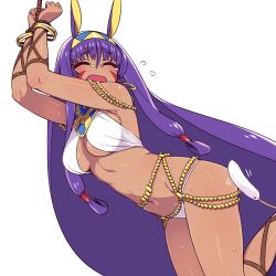Rule 34 | 1girl, animal ears, armpits, arms up, bangle, bare legs, bare shoulders, bdsm, big hair, blush, bondage, bound, bound wrists, bracelet, breasts, cat teaser, chan co, dark-skinned female, dark skin, earrings, egyptian, egyptian clothes, fate/grand order, fate (series), flying sweatdrops, hair between eyes, hairband, hoop earrings, jewelry, leaning forward, leg up, long hair, low-tied long hair, medium breasts, motion lines, navel, nitocris (fate), open mouth, purple hair, raised eyebrows, revision, shiny skin, sidelocks, simple background, solo, stomach, sweat, tears, thighs, tickle torture, tickling, tickling ass, two-tone hairband, underboob, very long hair, white background