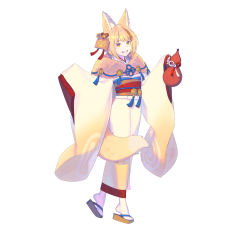 Rule 34 | 1girl, :d, absurdres, animal ear fluff, animal ears, bell, blonde hair, clog sandals, enkyo yuuichirou, female focus, fire emblem, fire emblem fates, fire emblem heroes, fox ears, fox girl, fox tail, full body, fur trim, geta, gourd, grin, hair bell, hair ornament, hair ribbon, head tilt, highres, holding, japanese clothes, jingle bell, kimono, long sleeves, looking at viewer, multicolored hair, nintendo, obi, official art, open mouth, red ribbon, ribbon, sandals, sash, selkie (fire emblem), short hair, simple background, sleeves past fingers, sleeves past wrists, smile, solo, standing, streaked hair, tabi, tail, white background, white legwear, wide sleeves, yellow eyes, yellow kimono, zouri