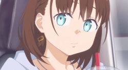 Rule 34 | 1girl, ai-chan (tawawa), animated, animated gif, blue eyes, braid, brown hair, bubble tea, car interior, cup, disposable cup, drinking, earrings, getsuyoubi no tawawa, jacket, jewelry, looking at another, short hair, side braid, solo