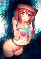 Rule 34 | 10s, 1girl, against glass, black thighhighs, blush, bra, breast press, breasts, breasts on glass, brown hair, collarbone, ebina nana, female focus, gradient background, himouto! umaru-chan, large breasts, long hair, looking at viewer, navel, off shoulder, open mouth, panties, panty pull, pink panties, purple bra, red eyes, see-through, shirt, solo, thighhighs, twintails, underwear, wet, wet clothes, zimajiang