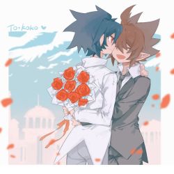 Rule 34 | 2boys, ahoge, anmicius, aotu world, bird, black hair, black necktie, blue sky, blurry, blurry foreground, bouquet, closed mouth, coattails, collared shirt, closed eyes, flower, formal, hair between eyes, heart, highres, hug, long sleeves, male focus, multiple boys, necktie, open mouth, petals, pointy ears, ray (aotu world), red eyes, red flower, red rose, rose, shirt, short hair, sky, spiked hair, star baili, suit, white shirt, yaoi