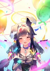 Rule 34 | 3girls, :d, absurdres, aekun cben, animal ears, doodle sensei (blue archive), balloon, belt, belt collar, black camisole, black hair, black overalls, blue archive, blush, camisole, character name, closed eyes, collar, confetti, dog ears, dog tags, facing viewer, hair bobbles, hair ornament, halo, happy, happy birthday, hibiki (blue archive), highres, kotori (blue archive), low twintails, medium hair, multiple girls, off shoulder, open mouth, out of frame, overalls, purple belt, sensei (blue archive), smile, solo focus, strap slip, twintails, twitter username, upper body, utaha (blue archive)