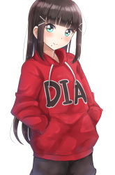 Rule 34 | 10s, 1girl, black hair, black pants, blunt bangs, blush, character name, closed mouth, clothes writing, commentary, drawstring, green eyes, hair ornament, hairclip, hands in pocket, head tilt, highres, hood, hood down, hoodie, kurosawa dia, long hair, long sleeves, love live!, love live! sunshine!!, mole, mole under mouth, pants, red hoodie, sidelocks, simple background, sin (sin52y), smile, solo, split mouth, standing, tomboy, very long hair, white background