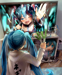 Rule 34 | 1girl, absurdres, ahoge, aqua eyes, aqua hair, araisuzuka729, bare shoulders, black skirt, black sleeves, black thighhighs, blurry, blurry foreground, blush, cable, character doll, clothes writing, detached sleeves, dress, electrical outlet, figure, food, from behind, glowstick, grey shirt, hair ornament, hatsune miku, headphones, highres, holding, holding food, holding microphone, holding spring onion, holding vegetable, hood, hoodie, light blush, long hair, looking at viewer, microphone, mikudayoo, necktie, one eye closed, open mouth, shirt, skirt, sleeveless, sleeveless shirt, smile, spring onion, television, thighhighs, translated, twintails, upper body, vegetable, very long hair, vocaloid, watching television, waving, white dress, white hoodie, zettai ryouiki