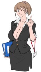 Rule 34 | 1girl, binder, blue eyes, breasts, brown hair, cleavage, collarbone, commentary request, hand gesture, intrepid (kancolle), kantai collection, lanyard, lapels, large breasts, looking at viewer, office lady, one eye closed, ponytail, simple background, skirt, smile, solo, sozan, standing, unfinished, white background