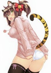 Rule 34 | absurdres, animal ears, artist request, bell, black thighhighs, blush, bow, breasts, brown hair, dress, from behind, green eyes, hair bell, hair between eyes, hair bow, hair ornament, highres, kekocha, large breasts, leaning forward, looking back, open mouth, panties, ribbed sweater, scan, shirt tug, short ponytail, simple background, solo, sweatdrop, sweater, sweater dress, tail, thighhighs, tiger ears, tiger tail, turtleneck, underwear, white background, white panties