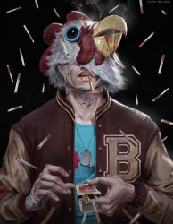 Rule 34 | absurdres, bandages, black background, blood, blood stain, chicken mask, cigarette, deimos art, highres, hotline miami, jacket, jacket (hotline miami), mask, non-web source, open clothes, open jacket, simple background
