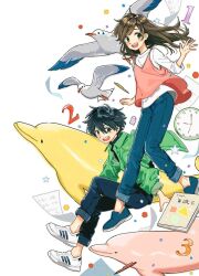Rule 34 | 1boy, 1girl, analog clock, bird, black eyes, black hair, black shirt, book, brown hair, camisole, clock, confetti, denim, dolphin, eraser, green eyes, green jacket, highres, jacket, jeans, jumping, keishin, loafers, long hair, original, pants, paper, pen, pink camisole, scattered paper, seagull, shirt, shoes, short hair, sitting, sneakers, wall clock, white background, white shirt