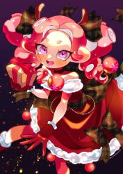 Rule 34 | 1girl, absurdres, christmas, coat, commentary, eyelashes, feet out of frame, fur-trimmed coat, fur-trimmed gloves, fur trim, gift, gloves, gradient background, highres, holding, holding gift, jewelry, long hair, looking at viewer, nintendo, octoling, octoling girl, octoling player character, open mouth, payayo884, pink eyes, pink hair, purple background, red coat, red gloves, simple background, smile, solo, splatoon (series), splatoon 3, tentacle hair, thick eyebrows