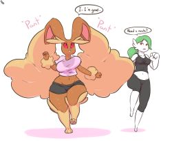 Rule 34 | 2girls, absurdres, animal ears, animal hands, bare shoulders, black eyes, black pants, black shirt, black shorts, bouncing breasts, breasts, collarbone, colored sclera, creatures (company), diamond (shape), english text, feet, full body, furry, game freak, gardevoir, gen 3 pokemon, gen 4 pokemon, green hair, hands up, heavy breathing, highres, immortalstar, jogging, large breasts, looking to the side, lopunny, medium breasts, multiple girls, navel, nintendo, open mouth, pants, pink shirt, pokemon, pokemon (creature), pokemon dppt, pokemon rse, ponytail, rabbit ears, red eyes, red sclera, shirt, short shorts, short sleeves, shorts, signature, sleeveless, sleeveless shirt, sweat, sweatpants, tank top, teeth, text focus, wide hips