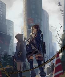 Rule 34 | 3girls, assault rifle, boots, brown hair, building, caution tape, character request, city, cloud, coat, day, fog, from below, gun, holster, hood, hooded jacket, hoodie, huanxiang heitu, jacket, keep out, multiple girls, pouch, rifle, scope, sign, sky, skyscraper, sniper rifle, thigh boots, thigh holster, thigh strap, thighhighs, tom clancy&#039;s the division, traffic cone, weapon, weapon request