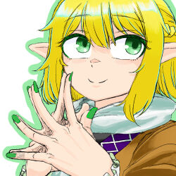 Rule 34 | 1girl, arm warmers, blonde hair, blush, braid, brown shirt, closed mouth, commentary request, fingernails, french braid, green eyes, green nails, green outline, hair between eyes, looking up, medium bangs, mizuhashi parsee, outline, pointy ears, rize muri, scarf, shirt, short hair, short sleeves, simple background, smile, solo, steepled fingers, touhou, upper body, white background, white scarf