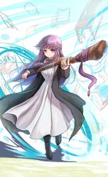 Rule 34 | 1girl, black coat, black footwear, blunt bangs, boots, braided scarf, breasts, buttons, closed mouth, coat, cut bangs, dress, fern (sousou no frieren), highres, holding, long coat, long dress, long hair, long sleeves, looking at viewer, mage staff, namiki (remiter00), purple eyes, purple hair, simple background, sousou no frieren, straight hair, white dress, wizard