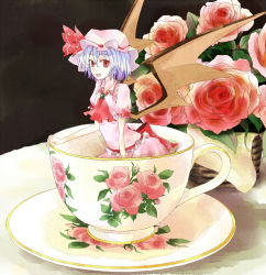 Rule 34 | 1girl, bat wings, blue hair, cup, elsewtfst, female focus, flower, hat, in container, in cup, mini person, minigirl, pink flower, pink rose, red eyes, remilia scarlet, rose, short hair, solo, touhou, wings