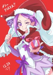 Rule 34 | 1girl, arm warmers, bag, bow, brooch, capelet, chocokin, cowboy shot, creature, cure sword, dated, davi (dokidoki! precure), dokidoki! precure, gift, giving, hat, heart, heart brooch, jewelry, kenzaki makoto, looking at viewer, magical girl, merry christmas, one eye closed, precure, purple bow, purple eyes, purple hair, purple skirt, red background, santa hat, short hair, signature, skirt, smile