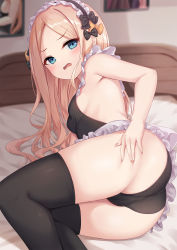 Rule 34 | 1girl, abigail williams (fate), ass, bare shoulders, black bow, black leotard, black thighhighs, blonde hair, blue eyes, blush, bow, breasts, fate/grand order, fate (series), forehead, hair bow, highleg, highleg leotard, highres, leotard, long hair, looking at viewer, lying, maid headdress, milkshakework, multiple bows, on side, open mouth, orange bow, parted bangs, polka dot, polka dot bow, revision, small breasts, solo, thighhighs