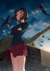 Rule 34 | 10s, 1girl, aircraft, airplane, backlighting, bf 109, black hat, black jacket, black skirt, blew andwhite, brown eyes, brown hair, closed mouth, clothes lift, cloud, crossed arms, floating hair, from below, frown, garrison cap, girls und panzer, hat, highres, jacket, legs together, long sleeves, looking at viewer, looking down, military, military uniform, military vehicle, miniskirt, motion blur, motor vehicle, nishizumi maho, outdoors, pleated skirt, red shirt, shade, shirt, short hair, signature, skirt, skirt lift, sky, solo, standing, tank, tiger i, uniform, vehicle, wind, wind lift