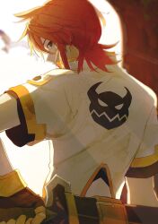 Rule 34 | 1boy, bird, black shirt, blurry, blurry background, brown gloves, closed mouth, commentary request, cropped shirt, fingerless gloves, from behind, gloves, green eyes, highres, holding, holding sword, holding weapon, jacket, light rays, looking at viewer, looking back, luke fon fabre, male focus, meba, official alternate hair length, official alternate hairstyle, red hair, shirt, short hair, short sleeves, smile, solo, sword, tales of (series), tales of the abyss, upper body, weapon, weapon on back, white jacket