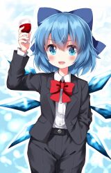 Rule 34 | 1girl, :d, alcohol, black jacket, black pants, black suit, blue bow, blue eyes, blue hair, blue wings, bow, bowtie, cirno, commentary request, cowboy shot, cup, drinking glass, fairy, formal, hand in pocket, highres, holding, holding cup, ice, ice wings, jacket, long sleeves, open mouth, pants, red bow, red bowtie, ruu (tksymkw), smile, solo, suit, touhou, v-shaped eyebrows, wine, wine glass, wings