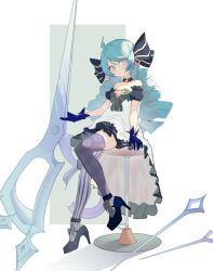 Rule 34 | 1girl, ahoge, asymmetrical footwear, asymmetrical legwear, black bow, black dress, black gloves, blue eyes, blue hair, blush, bow, breasts, collarbone, dress, drill hair, expressionless, gloves, gwen (league of legends), hair bow, high heels, highres, holding, holding scissors, kele mimi, league of legends, long hair, looking at viewer, mismatched footwear, mismatched legwear, needle, oversized object, scissors, sewing needle, shoes, simple background, sitting, small breasts, solo, thighhighs, twin drills, twintails, white dress