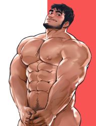 Rule 34 | 1boy, abs, ass, bara, beard, between pectorals, biceps, black hair, chocolate, completely nude, covering privates, covering crotch, dopey (dopq), facial hair, food, highres, large pectorals, licking lips, male focus, messy hair, muscular, navel, navel hair, nipples, nude, original, pectorals, pocky, short hair, simple background, solo, thighs, tongue, tongue out