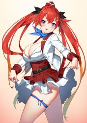 Rule 34 | 1girl, bandana, beeeeen, blouse, blue bandana, blush, breasts, cleavage, dress, gradient background, highres, large breasts, last origin, long hair, may of doom, purple eyes, red hair, shirt, simple background, skirt, solo, thigh strap, thighs, twintails, very long hair, white shirt