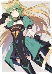 Rule 34 | 1girl, ahoge, animal ears, atalanta (fate), black dress, black gloves, black thighhighs, blonde hair, breasts, cat ears, cat tail, cleavage, colored tips, cowboy shot, dress, dutch angle, fate/apocrypha, fate/grand order, fate (series), gloves, green eyes, green hair, grey background, long hair, looking at viewer, medium breasts, multicolored hair, simple background, solo, tail, thighhighs, tubumi