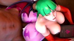 Rule 34 | 1boy, 1girl, 3d, animal print, animated, ass, ass shake, bat print, bouncing breasts, breasts, capcom, clothed female nude male, from behind, green eyes, green hair, hetero, highres, huge ass, large breasts, looking at viewer, looking back, moaning, morrigan aensland, muscular, muscular male, navel, nude, open mouth, penis, sex, sound, stoneddude, vaginal, vampire (game), video, wings
