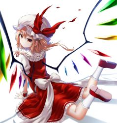 Rule 34 | 1girl, blonde hair, flandre scarlet, full body, hat, hat ribbon, highres, looking at viewer, mob cap, pointy ears, red eyes, red footwear, red skirt, ribbon, satou (3366 s), shoes, simple background, skirt, skirt set, socks, solo, touhou, vest, white background, white socks, wings, wrist cuffs