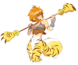 Rule 34 | 1girl, animal ears, animal print, armlet, bandages, bottomless, breath of fire, breath of fire ii, bustier, cat ears, cat tail, choker, facial mark, fingerless gloves, fur, gloves, md5 mismatch, orange hair, rinpoo chuan, shaded face, short hair, signature, simple background, solo, staff, standing, tail, temmie chang, tiger print, tuyoki