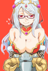 Rule 34 | 1girl, bare shoulders, breasts, cleavage, detached collar, elbow gloves, fur trim, glasses, gloves, heart, long hair, looking at viewer, purple-framed eyewear, puzzle &amp; dragons, red background, red eyes, robot, semi-rimless eyewear, sheep, shibumi, silver hair, simple background, smile, solo, under-rim eyewear, urd (p&amp;d)